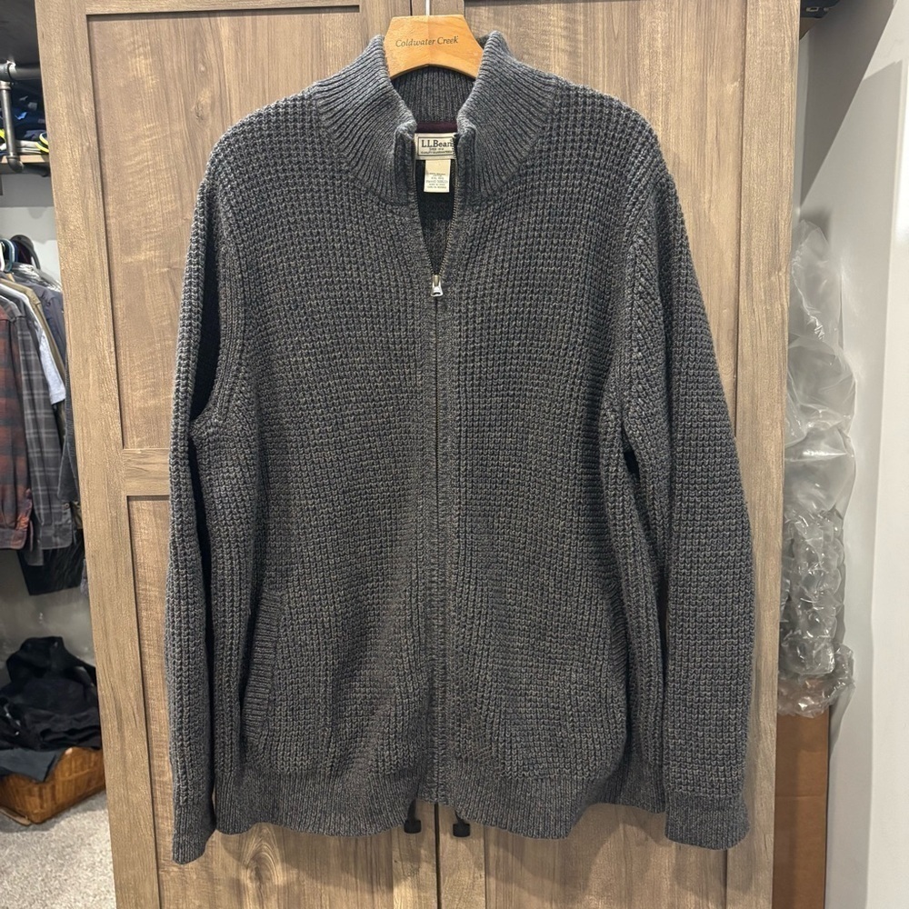 LL BEAN XXL Full Zip Waffle Knit Sweater Cardigan Organic Cotton